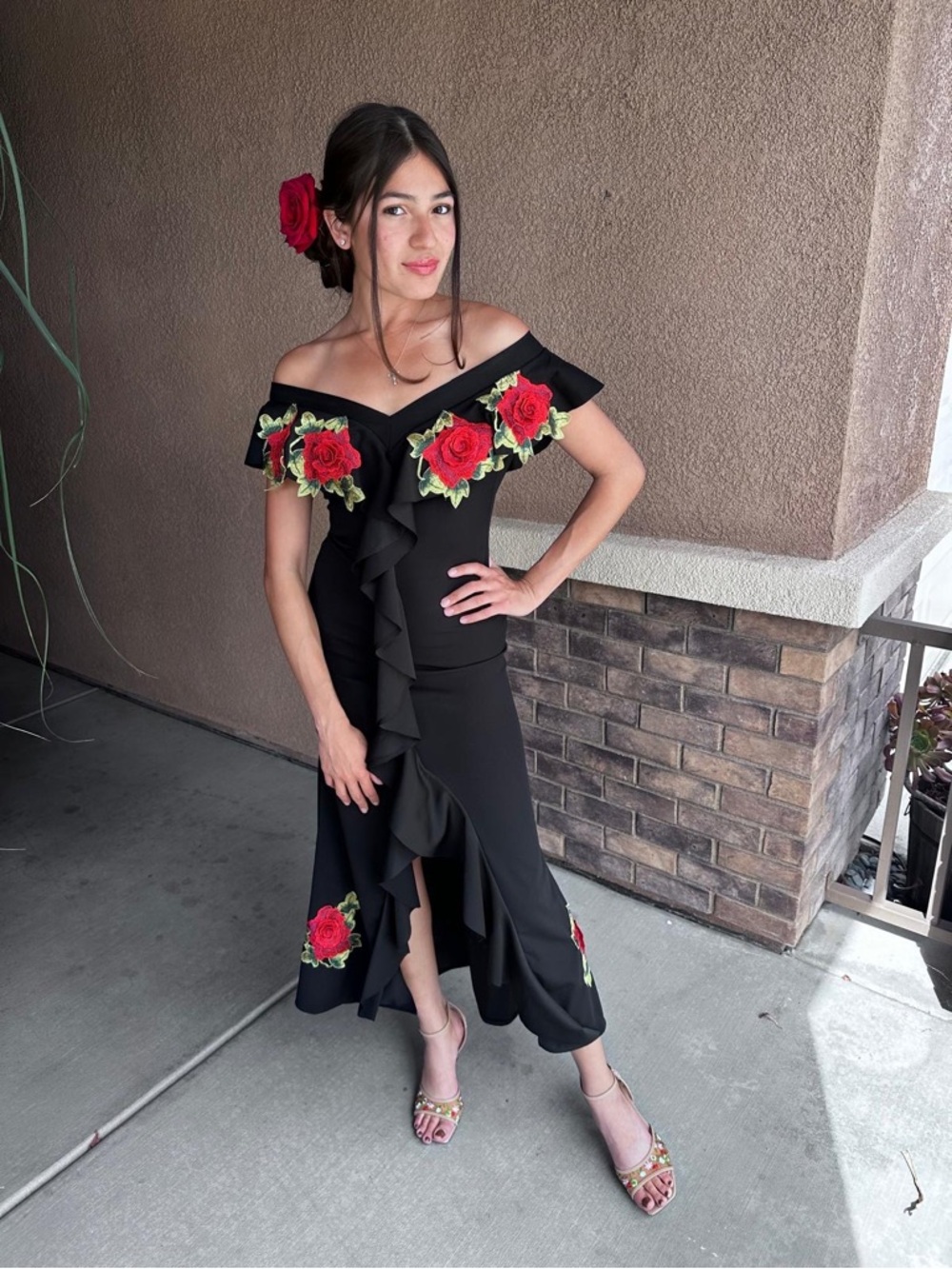 Off-Shoulder Black Dress with Red Rose Embroidery